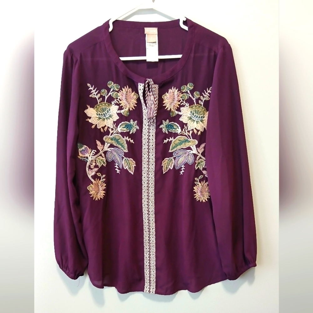 Chico's 2 Floral Embroidered Sheer Tunic Women's L Boho Cottagecore Grannycore